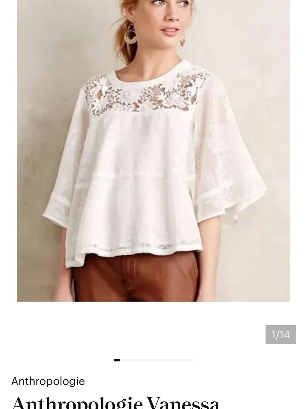 Anthropologie White Lace Yoke Flutter Sleeve Top